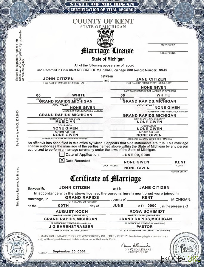 Modèle de certificat de mariage de l'État du Michigan Kent County aux États-Unis au format PSD, entièrement modifiable template Modèle de certificat de mariage de l'État du Michigan Kent County aux États-Unis au format PSD, entièrement modifiable template